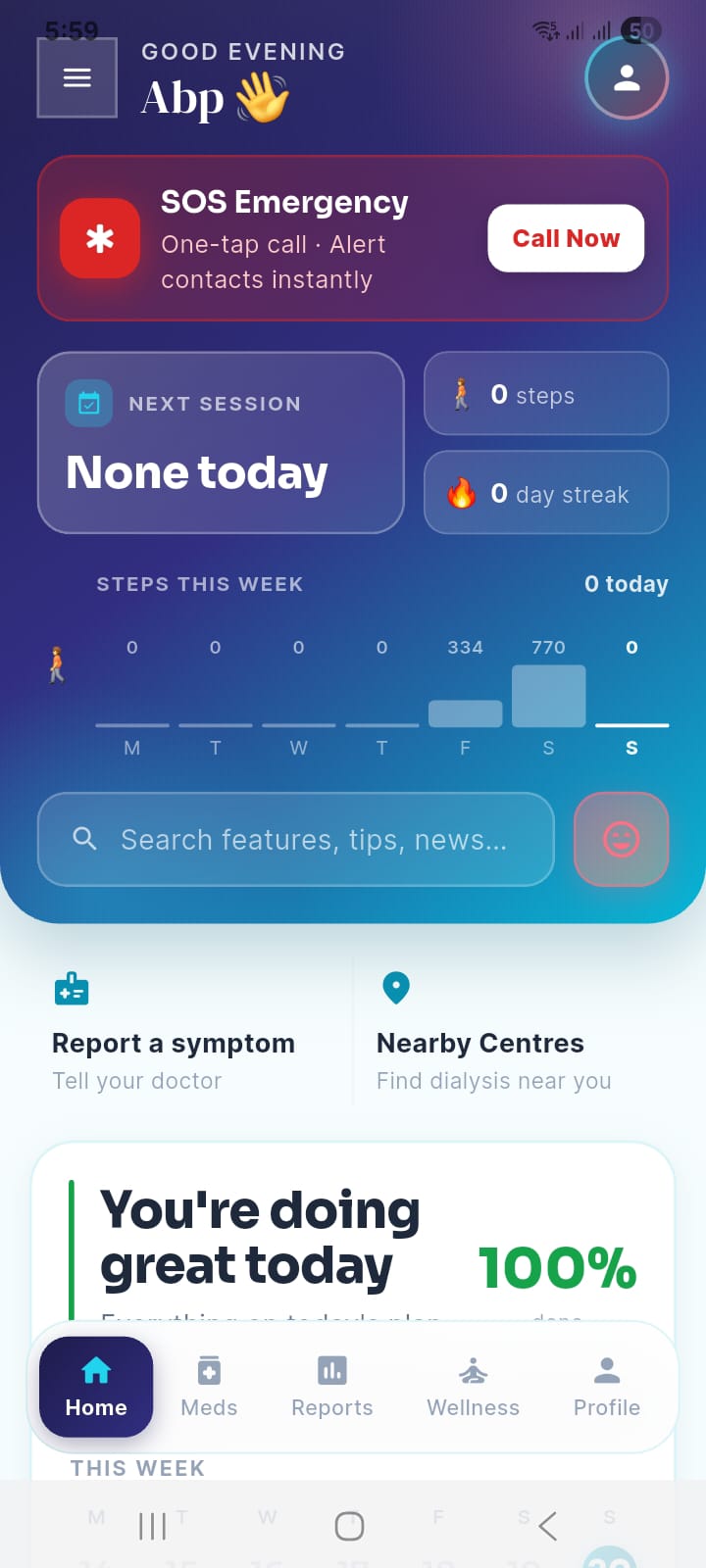LOBMAX Nephro Companion app — home screen with SOS emergency, next session and daily step tracking